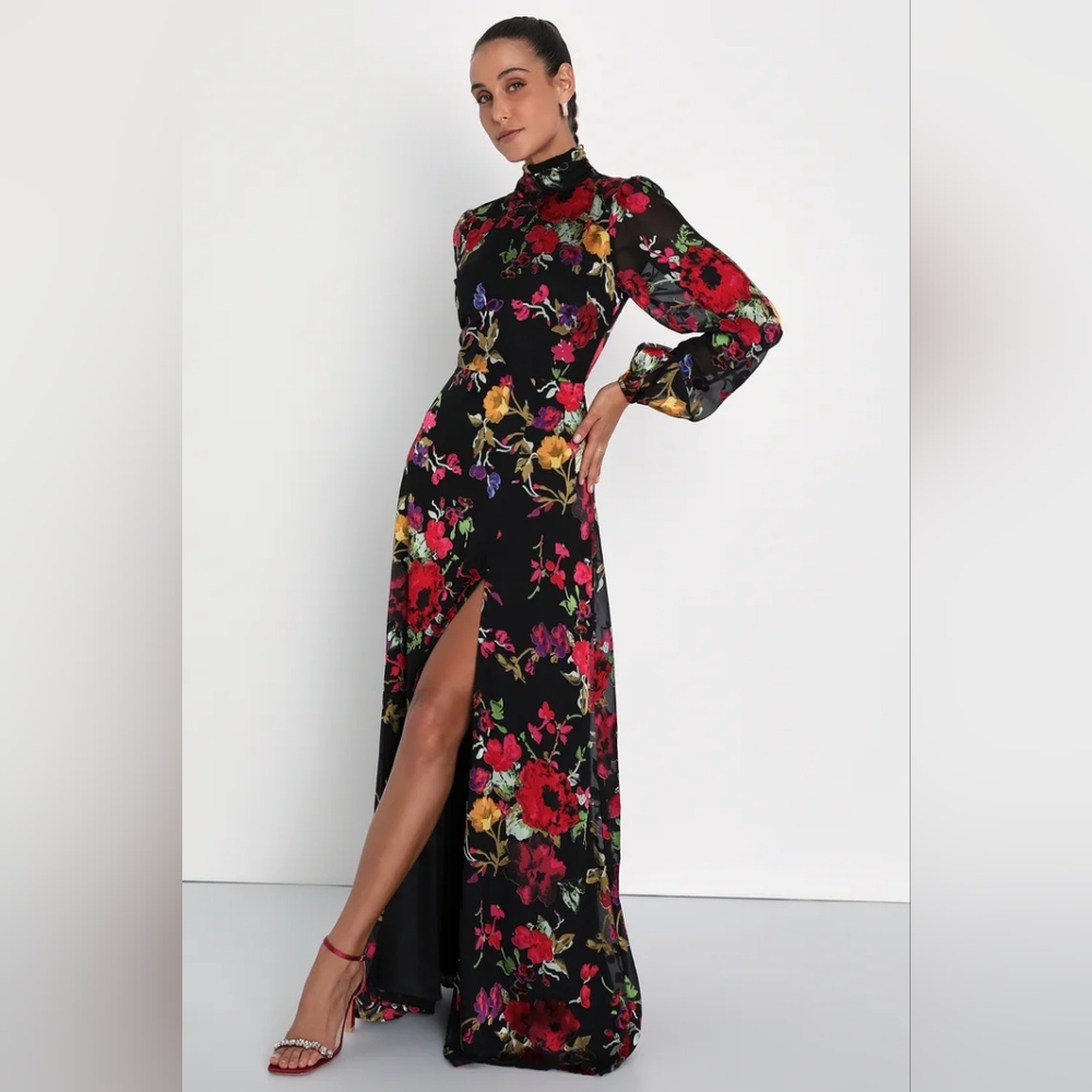 NWT Lulus Graceful Arrival Black Floral Burnout Backless Maxi Dress Size XL